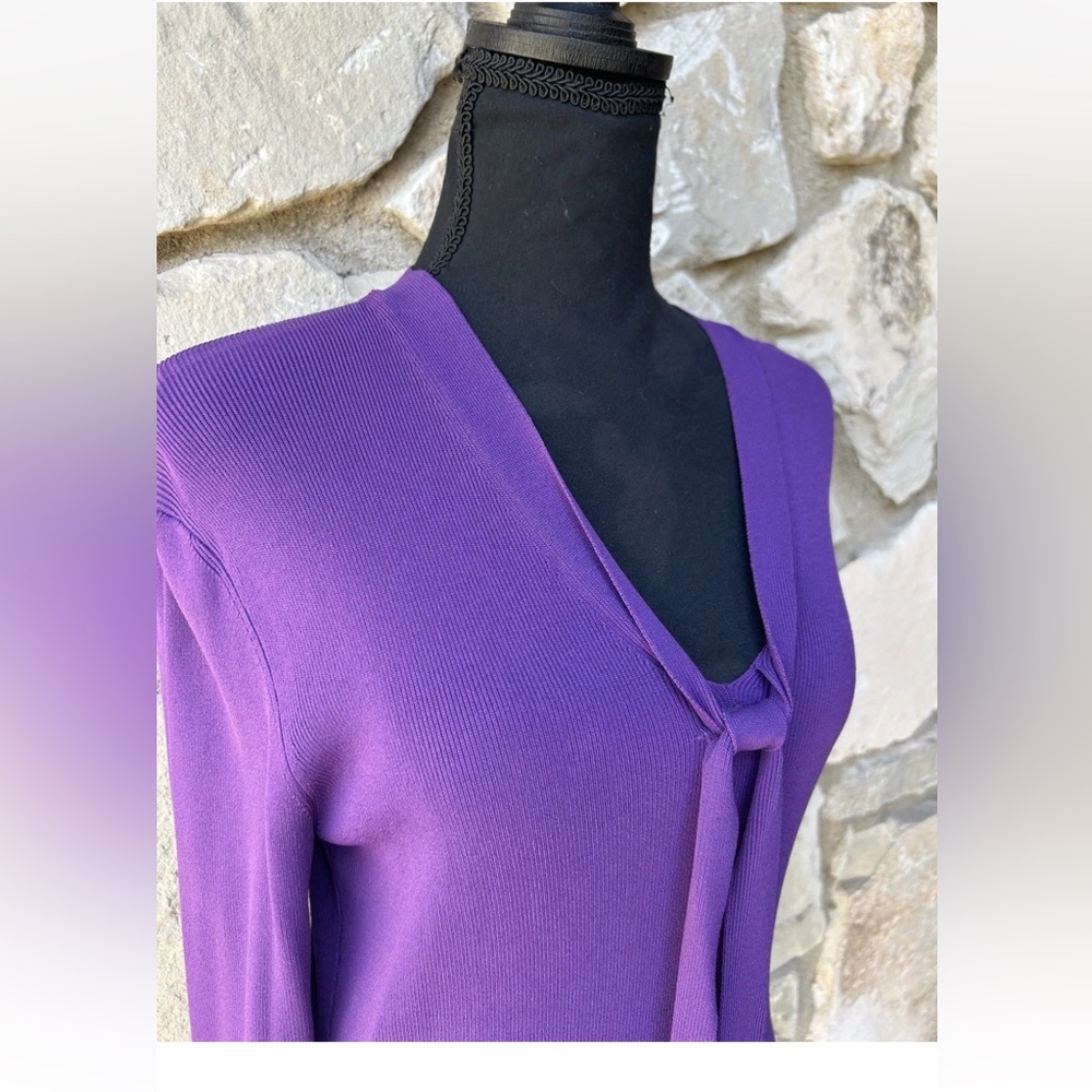 Vintage Marshall Fields Ribbed Knit Top Small Purple Easy Care V Neck Bow - Picture 2 of 4